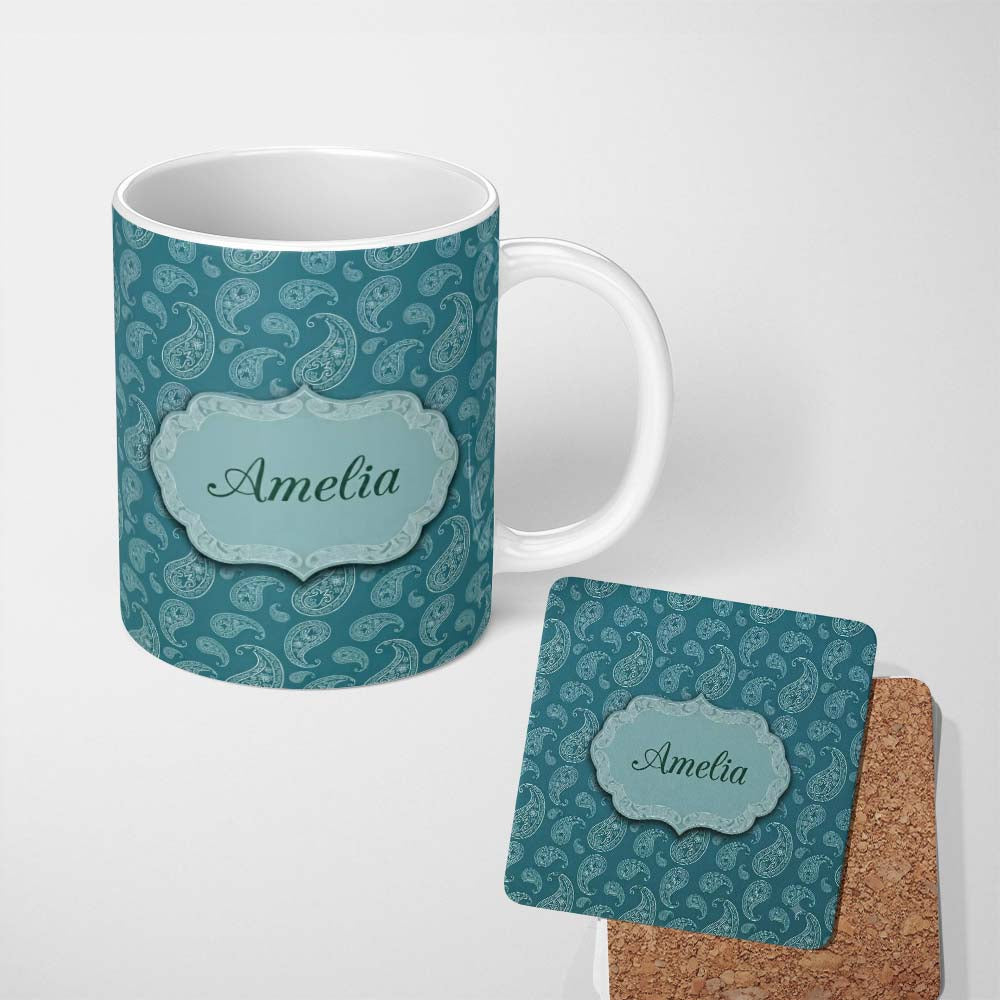 Personalized Custom Name Dark Teal Paisley Floral Bandana Seamless Pattern Classic Custom 11oz Ceramic Coffee Tea Mug White Large Handle
