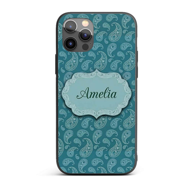 Dark Teal Paisley Floral Bandana Seamless Pattern Custom Name Protective Phone Case Mobile Cover Durable Everyday Smartphone Shock Resistant