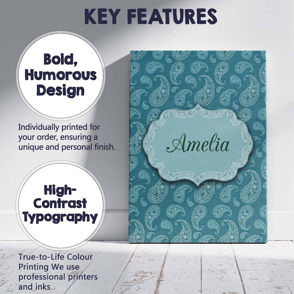Personalised Name Dark Teal Paisley Floral Custom  Unique Gift Idea Elegant Feature Canvas Wall Art Print Decor Picture Ready to Hang