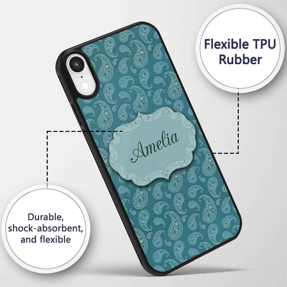 Dark Teal Paisley Floral Bandana Seamless Pattern Custom Name Protective Phone Case Mobile Cover Durable Everyday Smartphone Shock Resistant