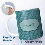 Personalized Custom Name Dark Teal Paisley Floral Bandana Seamless Pattern Classic Custom 11oz Ceramic Coffee Tea Mug White Large Handle