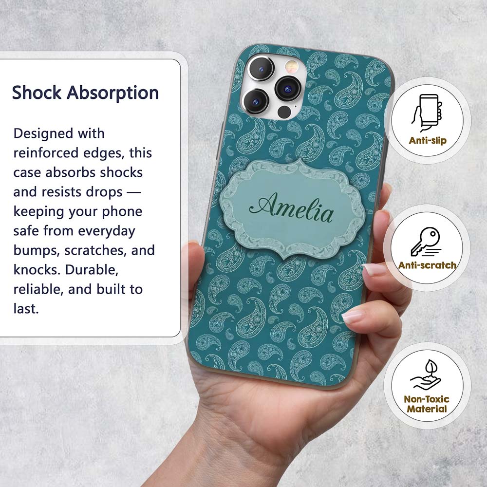 Dark Teal Paisley Floral Bandana Seamless Pattern Custom Name Protective Phone Case Mobile Cover Durable Everyday Smartphone Shock Resistant