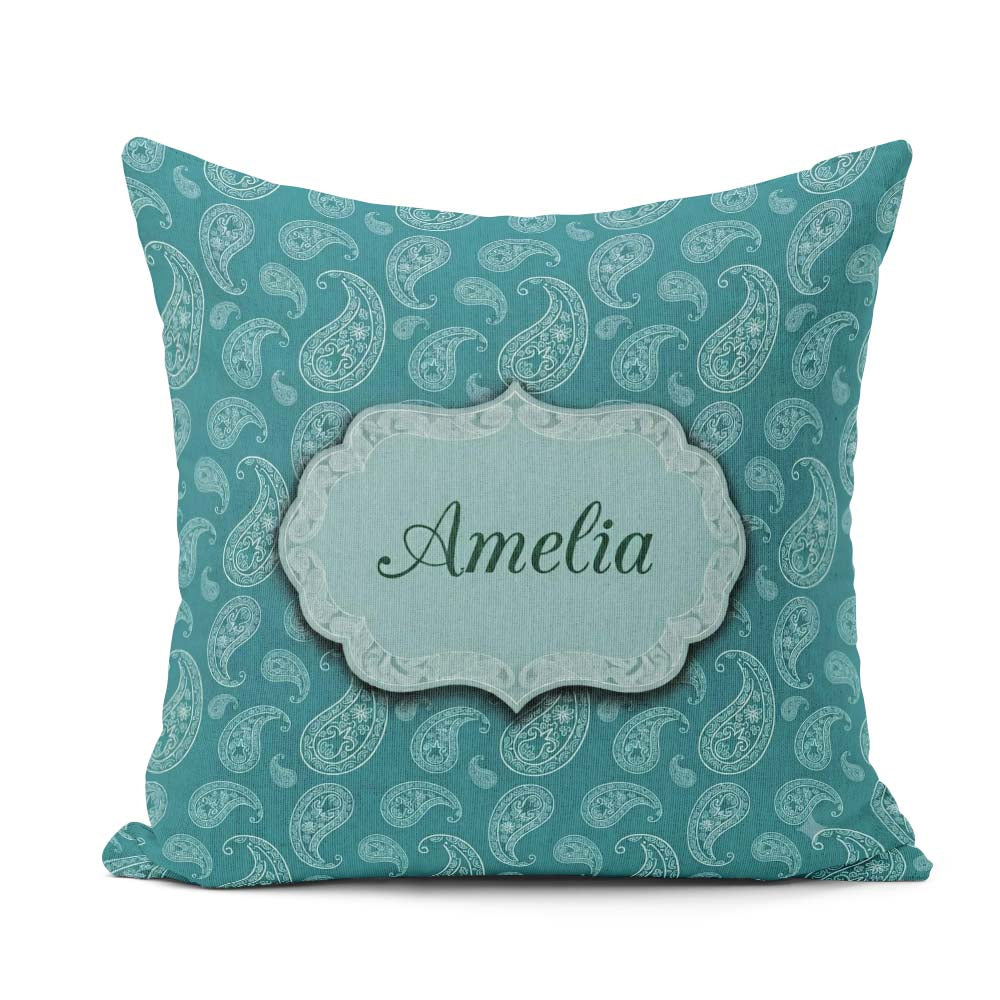 Custom Name Teal Paisley Ornamental Floral Seamless Pattern Name Square Filled Cushion Throw Pillow Sofa Bed Home Decor Zip Washable UK Made