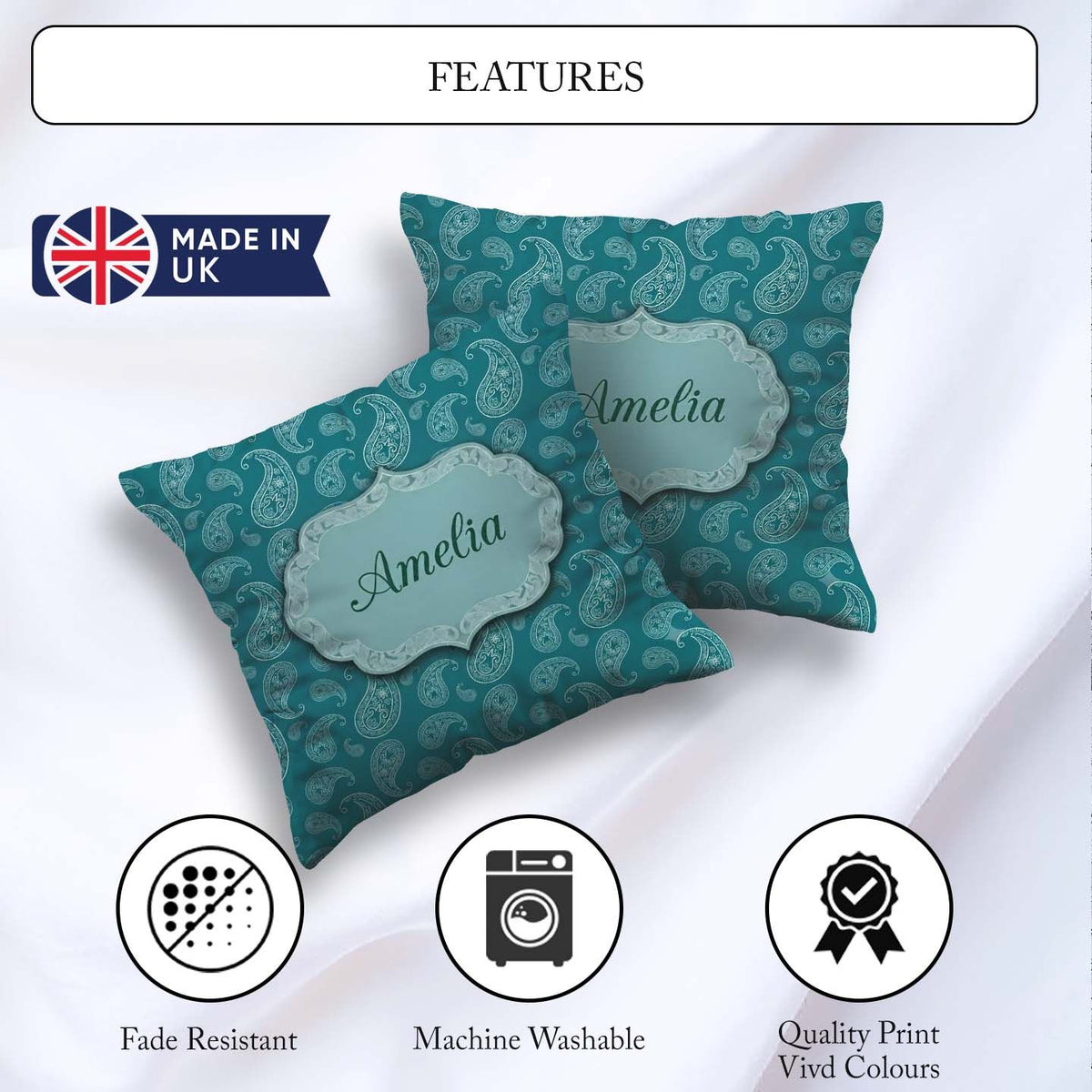 Custom Name Teal Paisley Ornamental Floral Seamless Pattern Name Square Filled Cushion Throw Pillow Sofa Bed Home Decor Zip Washable UK Made