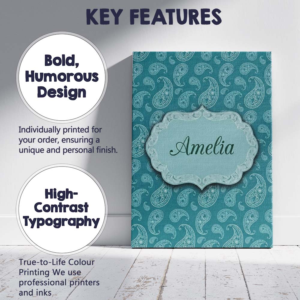 Personalised Name Teal Paisley Ornamental Custom  Unique Gift Idea Elegant Feature Canvas Wall Art Print Decor Picture Ready to Hang