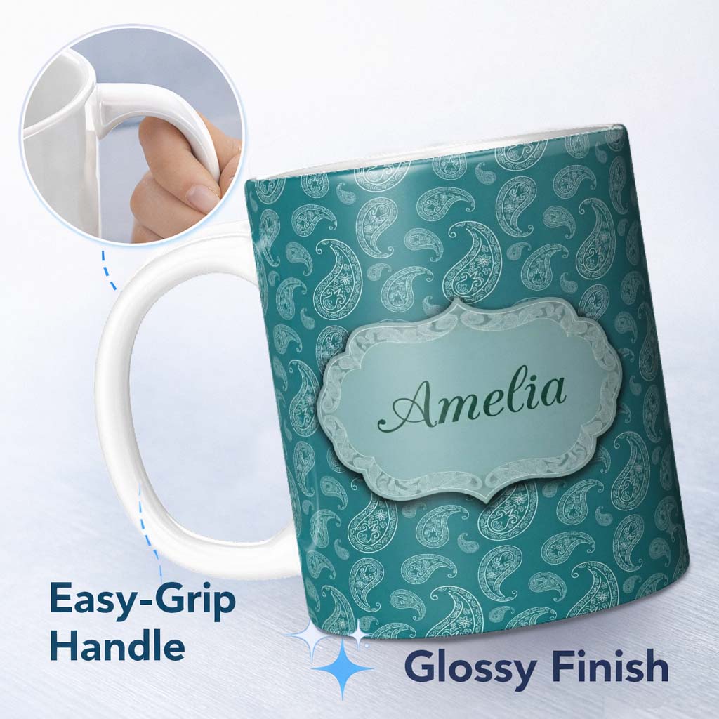 Personalized Custom Name Teal Paisley Ornamental Floral Seamless Pattern Design Name Cute 11oz Ceramic Coffee Tea Mug White Large Handle
