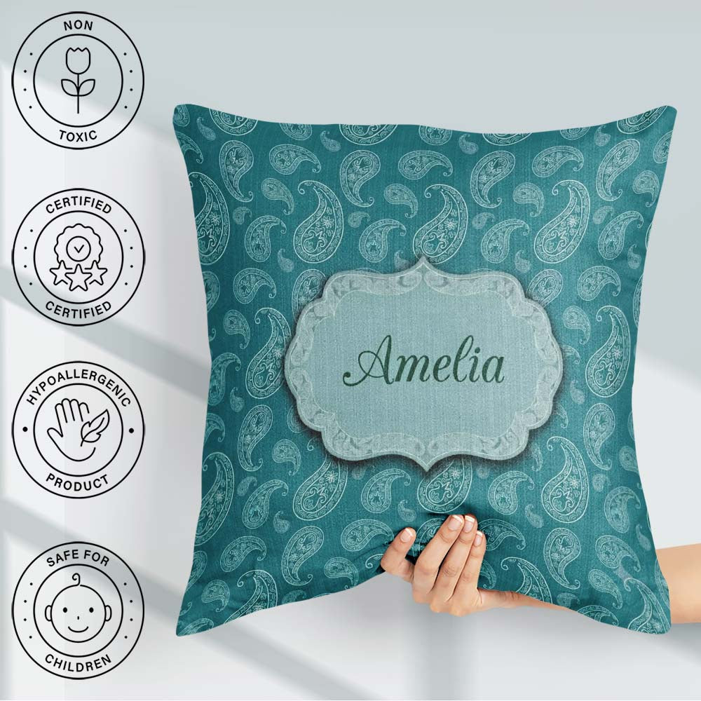 Custom Name Teal Paisley Ornamental Floral Seamless Pattern Name Square Filled Cushion Throw Pillow Sofa Bed Home Decor Zip Washable UK Made