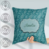 Custom Name Teal Paisley Ornamental Floral Seamless Pattern Name Square Filled Cushion Throw Pillow Sofa Bed Home Decor Zip Washable UK Made