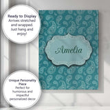 Personalised Name Teal Paisley Ornamental Custom  Unique Gift Idea Elegant Feature Canvas Wall Art Print Decor Picture Ready to Hang