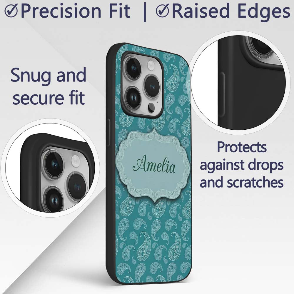 Teal Paisley Ornamental Floral Seamless Pattern Custom Name Protective Phone Case Mobile Cover Durable Everyday Smartphone Shock Resistant