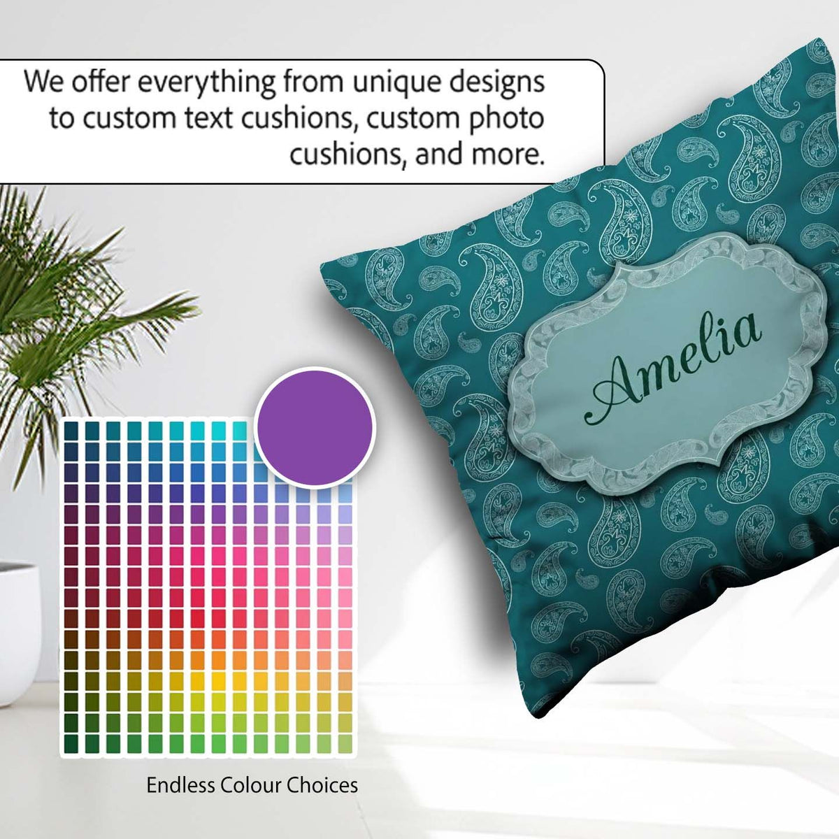 Custom Name Teal Paisley Ornamental Floral Seamless Pattern Name Square Filled Cushion Throw Pillow Sofa Bed Home Decor Zip Washable UK Made