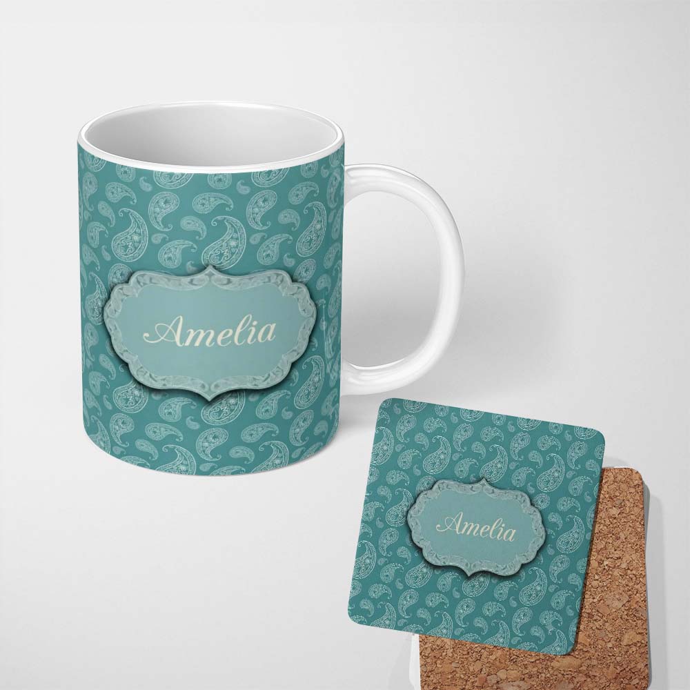 Personalized Custom Name Deep Teal Paisley Vintage Bandana Seamless Pattern Design Custom 11oz Ceramic Coffee Tea Mug White Large Handle