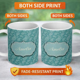 Personalized Custom Name Deep Teal Paisley Vintage Bandana Seamless Pattern Design Custom 11oz Ceramic Coffee Tea Mug White Large Handle