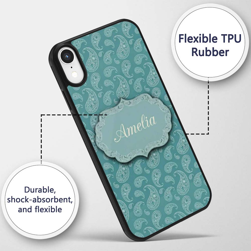 Deep Teal Paisley Vintage Bandana Printed Design Custom Name Protective Phone Case Mobile Cover Durable Everyday Smartphone Shock Resistant