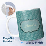Personalized Custom Name Deep Teal Paisley Vintage Bandana Seamless Pattern Design Custom 11oz Ceramic Coffee Tea Mug White Large Handle