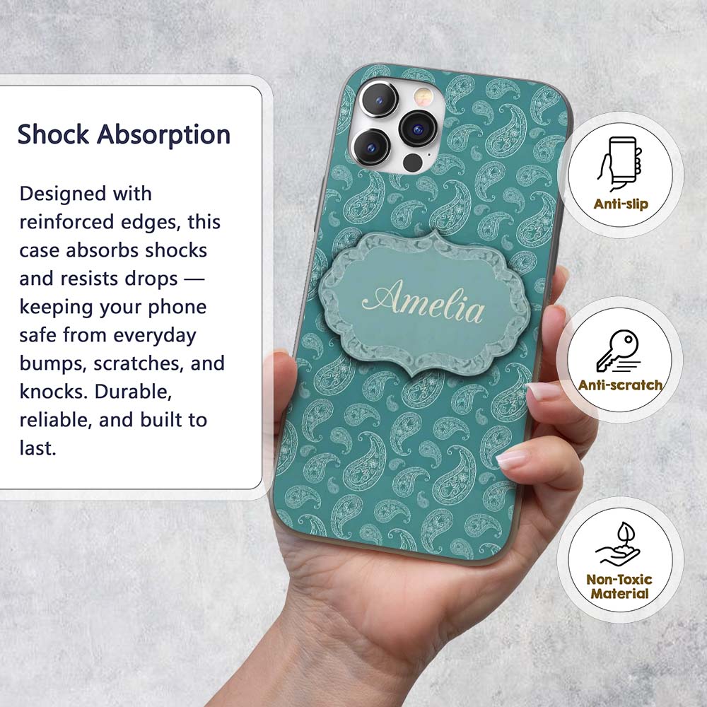 Deep Teal Paisley Vintage Bandana Printed Design Custom Name Protective Phone Case Mobile Cover Durable Everyday Smartphone Shock Resistant