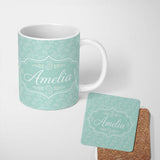 Personalized Custom Name Ocean Teal Paisley Decorative Floral Seamless Pattern Name Cute 11oz Ceramic Coffee Tea Mug White Large Handle
