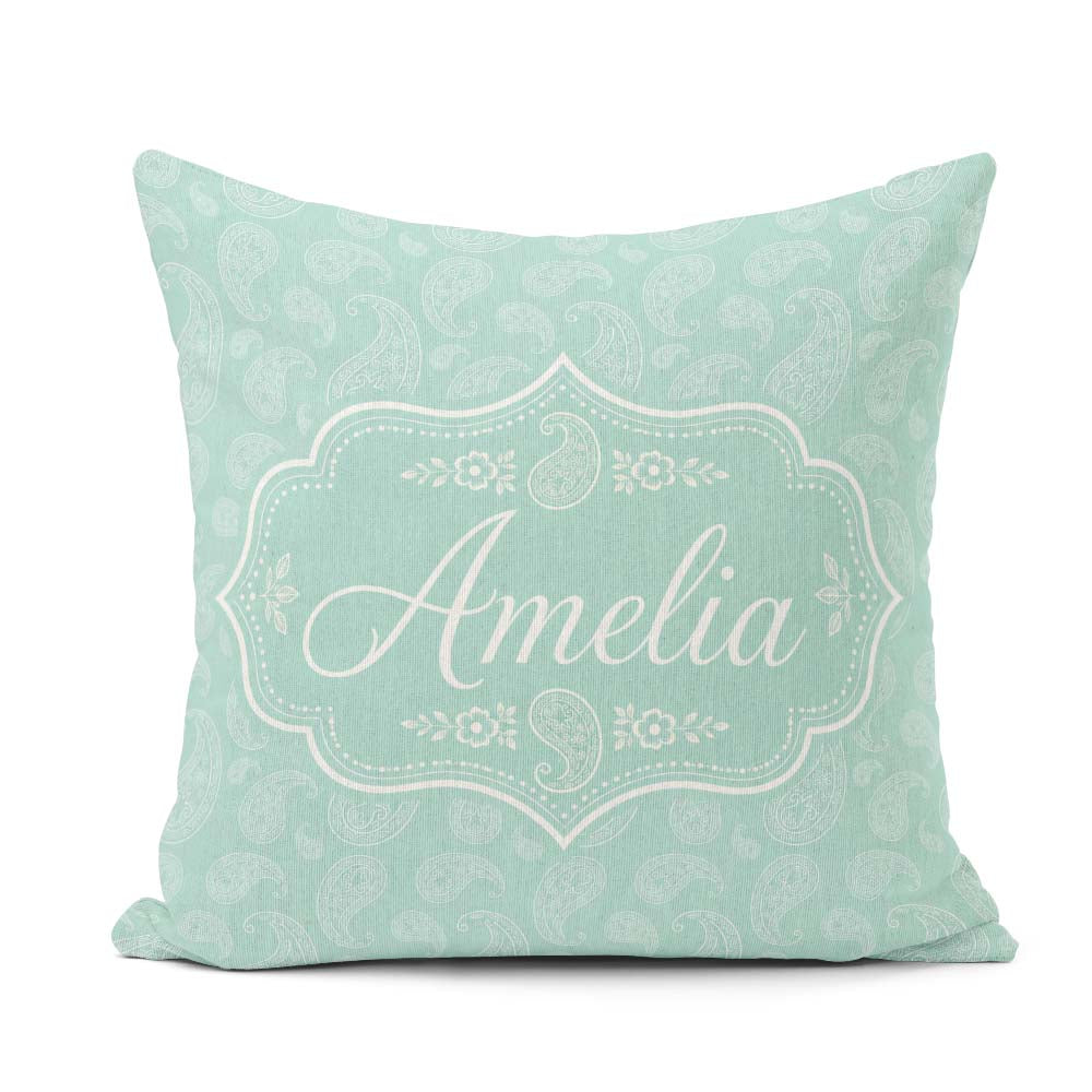 Custom Name Ocean Teal Paisley Floral Seamless Pattern Name Cute Square Filled Cushion Throw Pillow Sofa Bed Home Decor Zip Washable UK Made