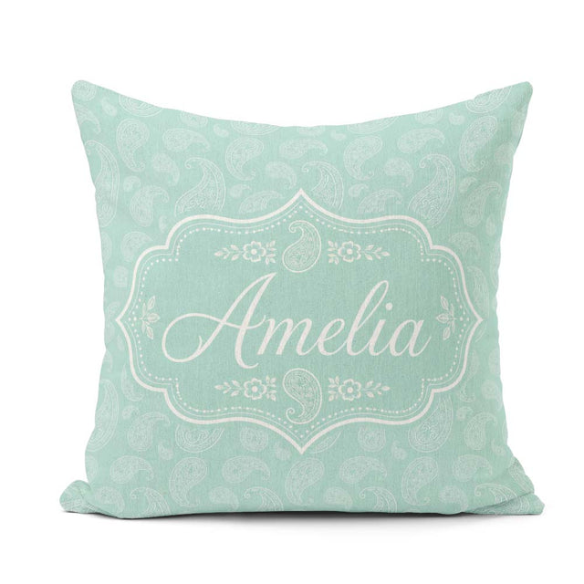 Custom Name Ocean Teal Paisley Floral Seamless Pattern Name Cute Square Filled Cushion Throw Pillow Sofa Bed Home Decor Zip Washable UK Made
