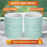 Personalized Custom Name Ocean Teal Paisley Decorative Floral Seamless Pattern Name Cute 11oz Ceramic Coffee Tea Mug White Large Handle