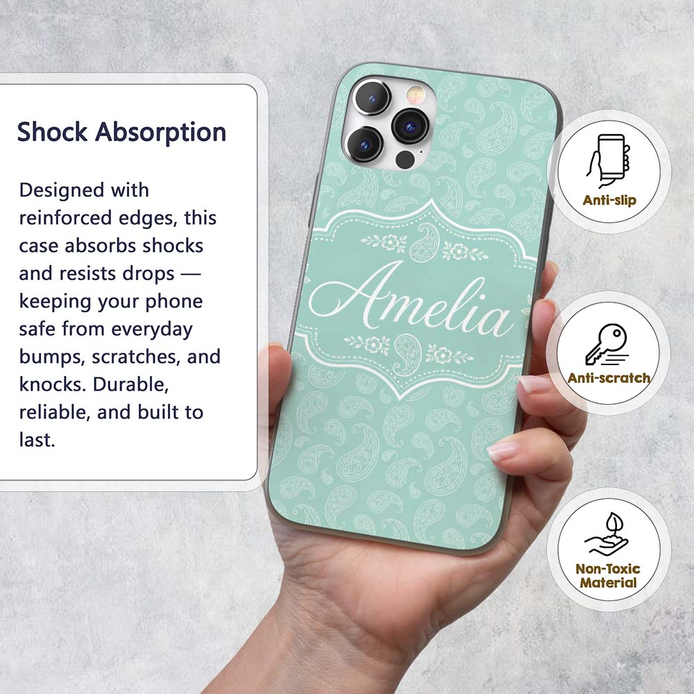 Ocean Teal Paisley Decorative Floral Seamless Custom Name Protective Phone Case Mobile Cover Durable Everyday Smartphone Shock Resistant