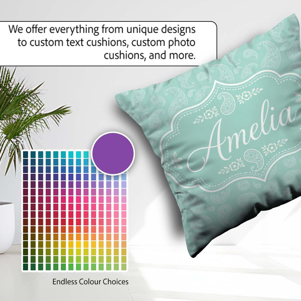 Custom Name Ocean Teal Paisley Floral Seamless Pattern Name Cute Square Filled Cushion Throw Pillow Sofa Bed Home Decor Zip Washable UK Made