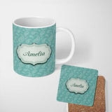 Personalized Custom Name Rich Teal Paisley Classic Ornamental Seamless Pattern Name Cute 11oz Ceramic Coffee Tea Mug White Large Handle