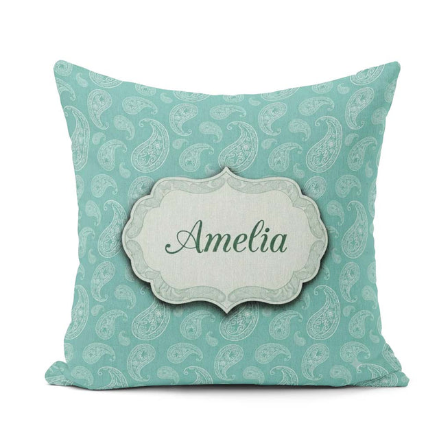 Custom Name Rich Teal Paisley Classic Seamless Pattern Name Cute Square Filled Cushion Throw Pillow Sofa Bed Home Decor Zip Washable UK Made