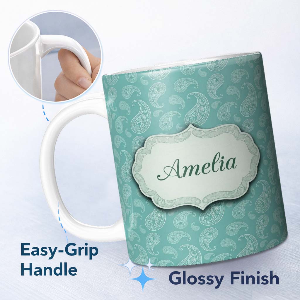 Personalized Custom Name Rich Teal Paisley Classic Ornamental Seamless Pattern Name Cute 11oz Ceramic Coffee Tea Mug White Large Handle