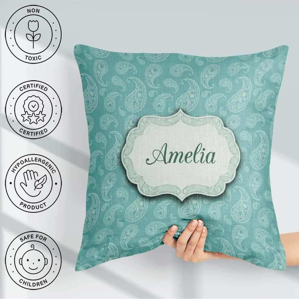 Custom Name Rich Teal Paisley Classic Seamless Pattern Name Cute Square Filled Cushion Throw Pillow Sofa Bed Home Decor Zip Washable UK Made