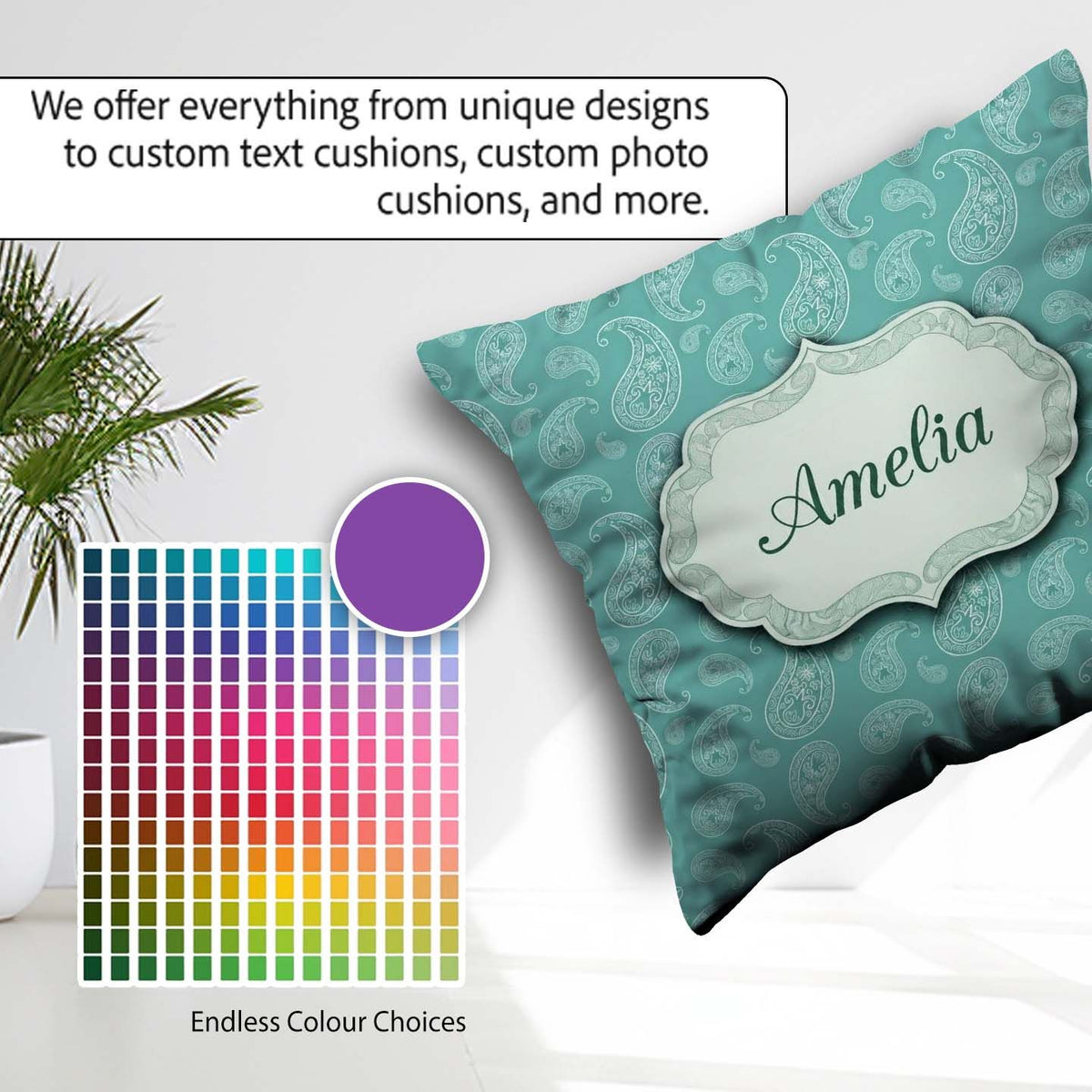 Custom Name Rich Teal Paisley Classic Seamless Pattern Name Cute Square Filled Cushion Throw Pillow Sofa Bed Home Decor Zip Washable UK Made