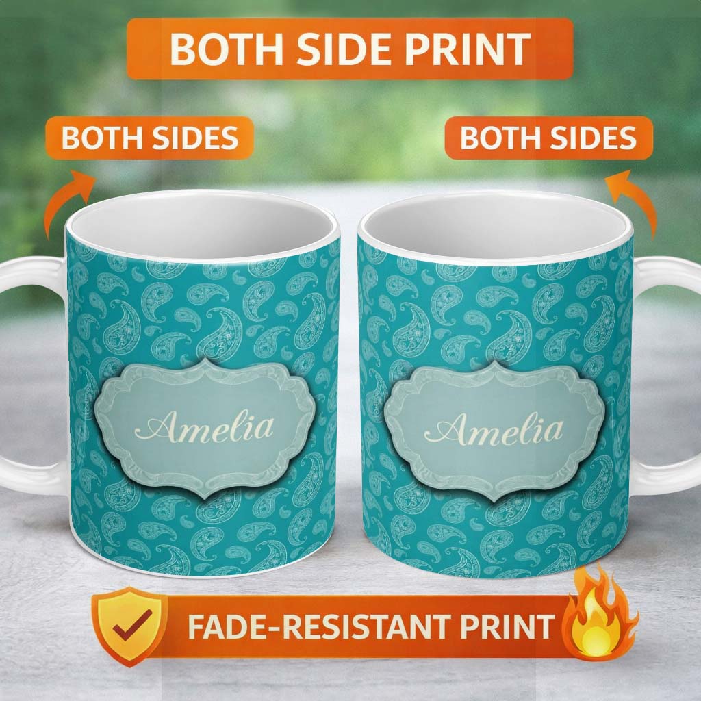 Personalized Custom Name Muted Teal Paisley Vintage Floral Seamless Pattern Design Custom 11oz Ceramic Coffee Tea Mug White Large Handle