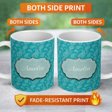 Personalized Custom Name Muted Teal Paisley Vintage Floral Seamless Pattern Design Custom 11oz Ceramic Coffee Tea Mug White Large Handle