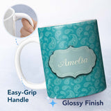 Personalized Custom Name Muted Teal Paisley Vintage Floral Seamless Pattern Design Custom 11oz Ceramic Coffee Tea Mug White Large Handle