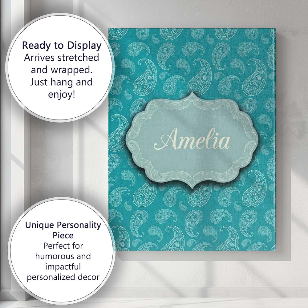 Personalised Name Muted Teal Paisley Custom Premium Decorative Design Modern Room Accent Canvas Wall Art Print Decor Picture Ready to Hang