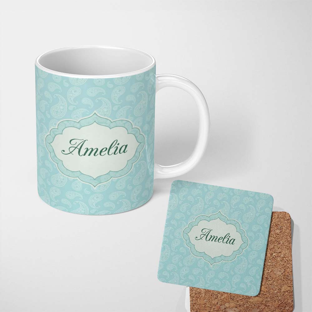 Personalized Custom Name Soft Aqua Paisley Decorative Bandana Seamless Pattern Design Name 11oz Ceramic Coffee Tea Mug White Large Handle