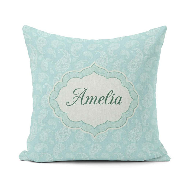 Custom Name Soft Aqua Paisley Decorative Bandana Seamless Design Square Filled Cushion Throw Pillow Sofa Bed Home Decor Zip Washable UK Made