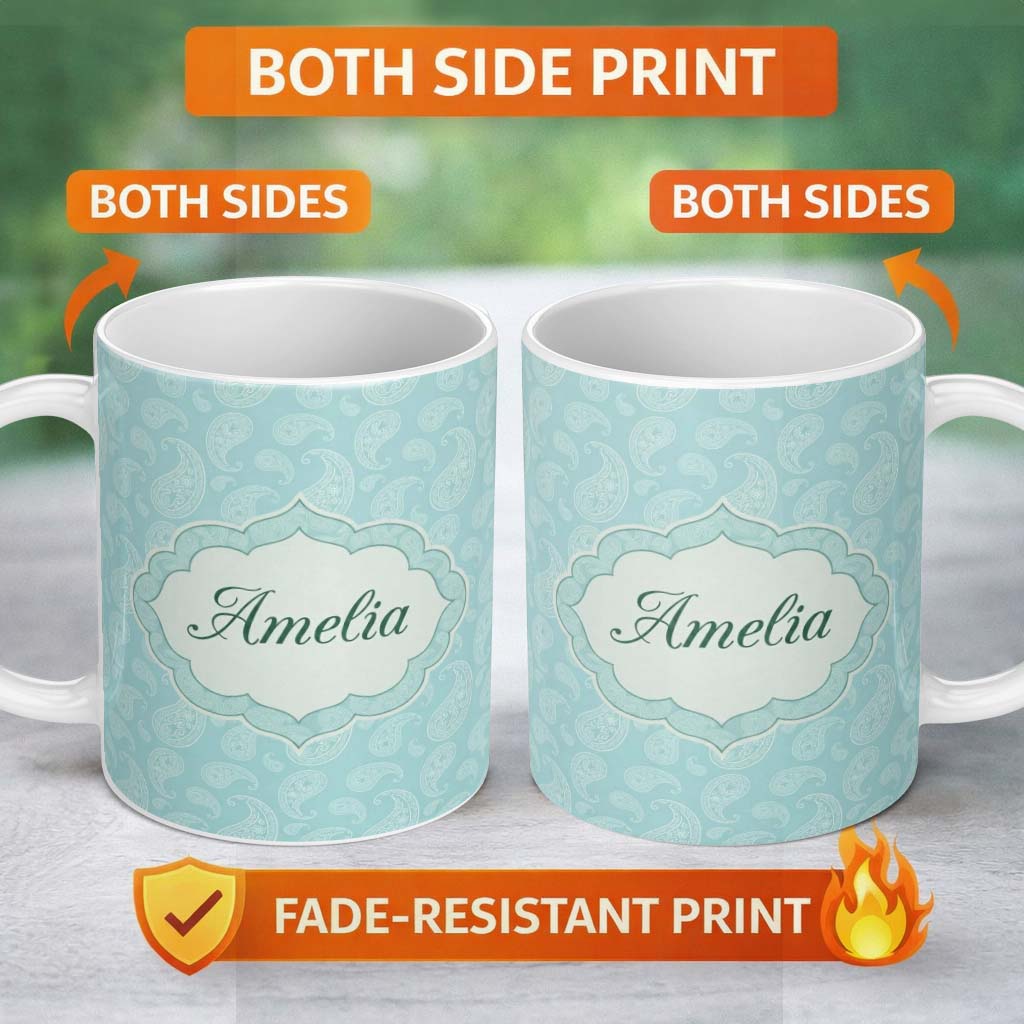 Personalized Custom Name Soft Aqua Paisley Decorative Bandana Seamless Pattern Design Name 11oz Ceramic Coffee Tea Mug White Large Handle