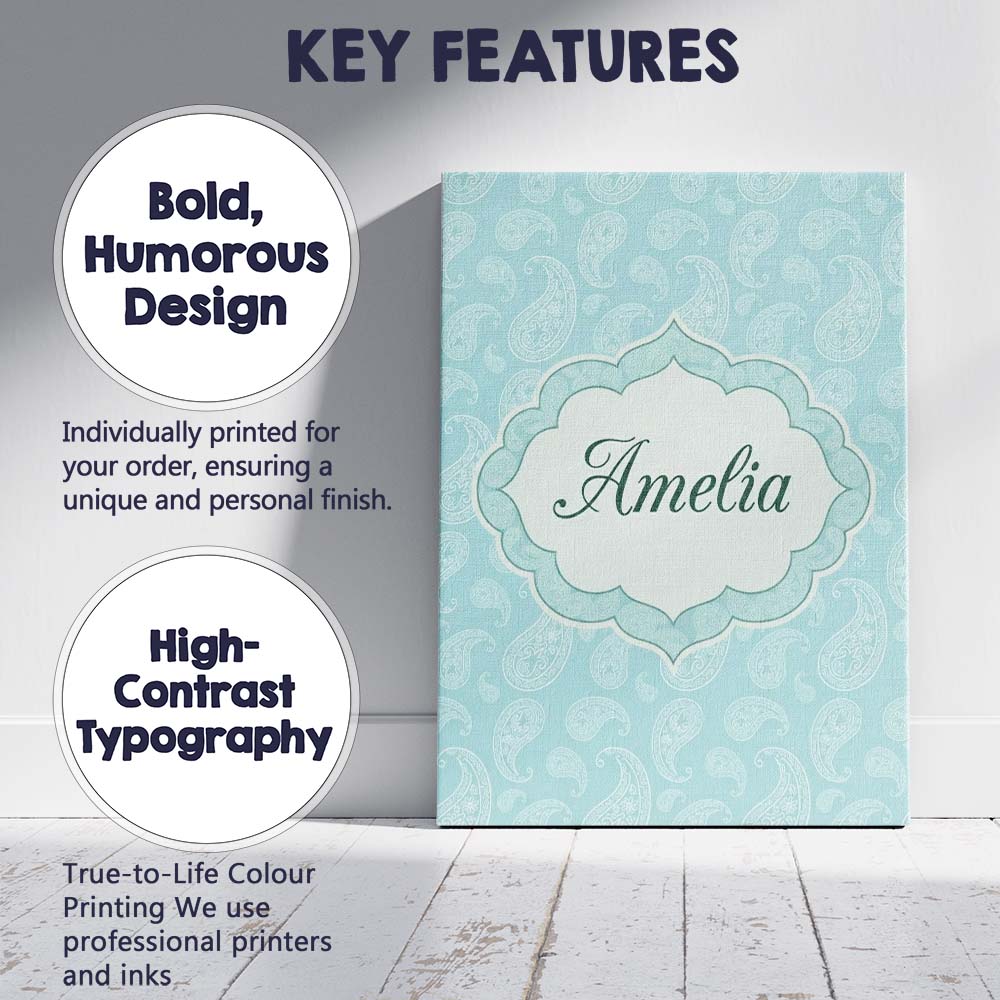Personalised Name Soft Aqua Paisley Decorative Bandana Seamless Creative Decorator Style Canvas Wall Art Print Decor Picture Ready to Hang