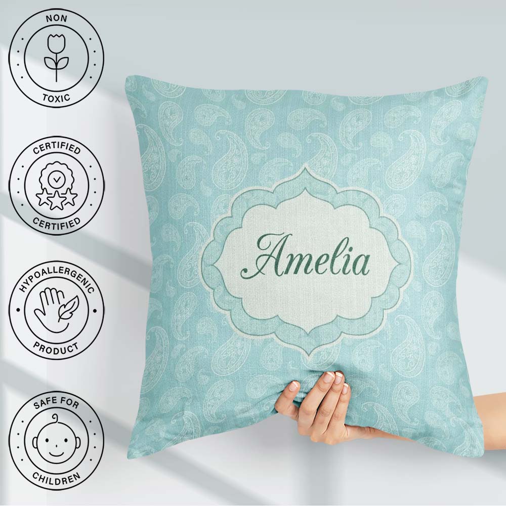Custom Name Soft Aqua Paisley Decorative Bandana Seamless Design Square Filled Cushion Throw Pillow Sofa Bed Home Decor Zip Washable UK Made