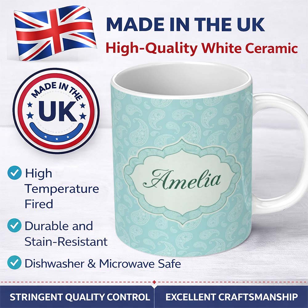 Personalized Custom Name Soft Aqua Paisley Decorative Bandana Seamless Pattern Design Name 11oz Ceramic Coffee Tea Mug White Large Handle