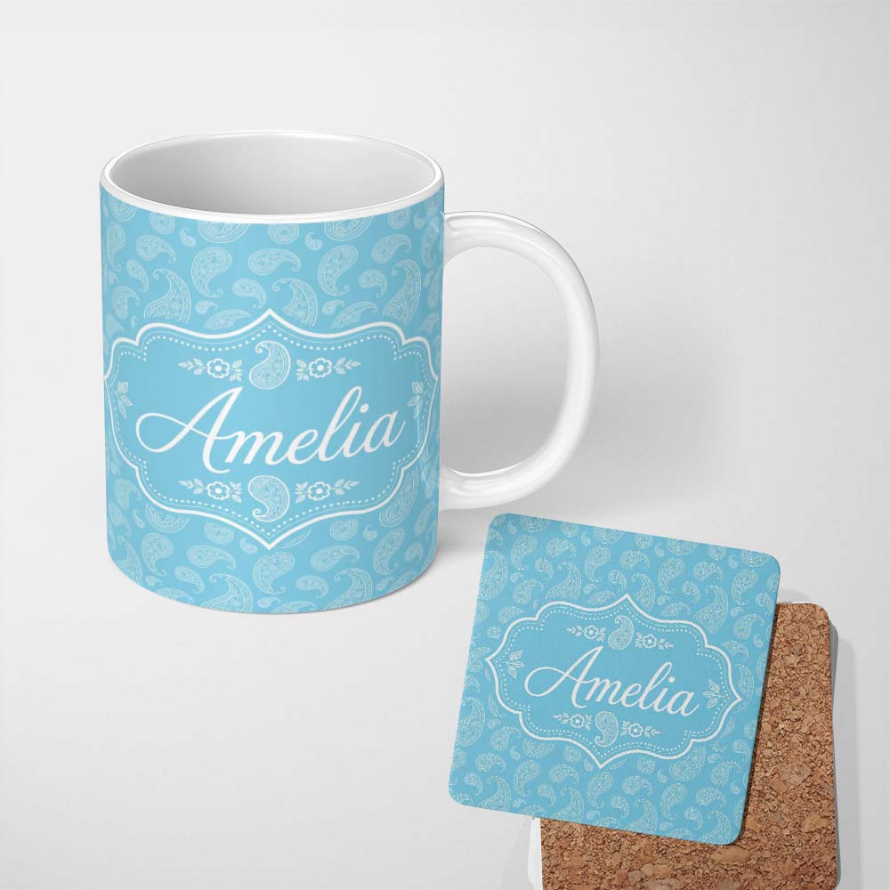Personalized Custom Name Sky Blue Paisley Ornamental Floral Seamless Pattern Name Cute 11oz Ceramic Coffee Tea Mug White Large Handle