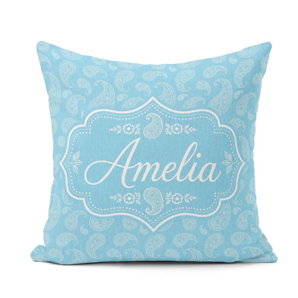 Custom Name Sky Blue Paisley Ornamental Floral Pattern Name Cute Square Filled Cushion Throw Pillow Sofa Bed Home Decor Zip Washable UK Made