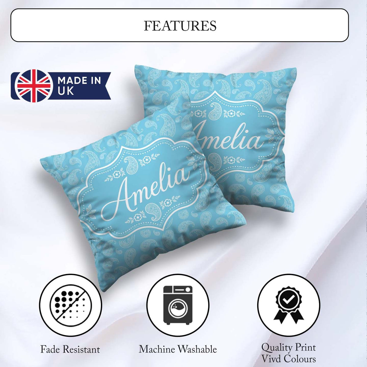 Custom Name Sky Blue Paisley Ornamental Floral Pattern Name Cute Square Filled Cushion Throw Pillow Sofa Bed Home Decor Zip Washable UK Made