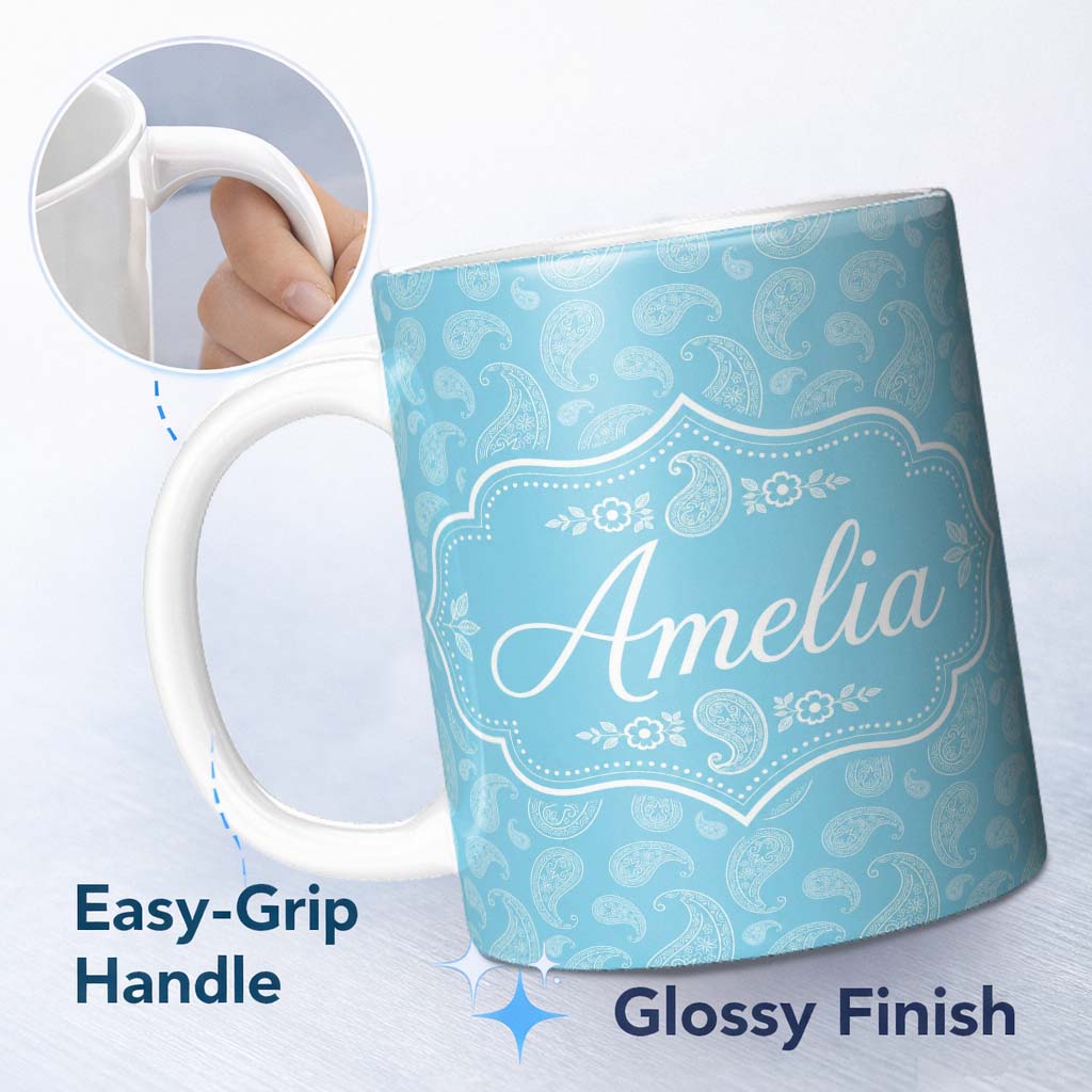 Personalized Custom Name Sky Blue Paisley Ornamental Floral Seamless Pattern Name Cute 11oz Ceramic Coffee Tea Mug White Large Handle