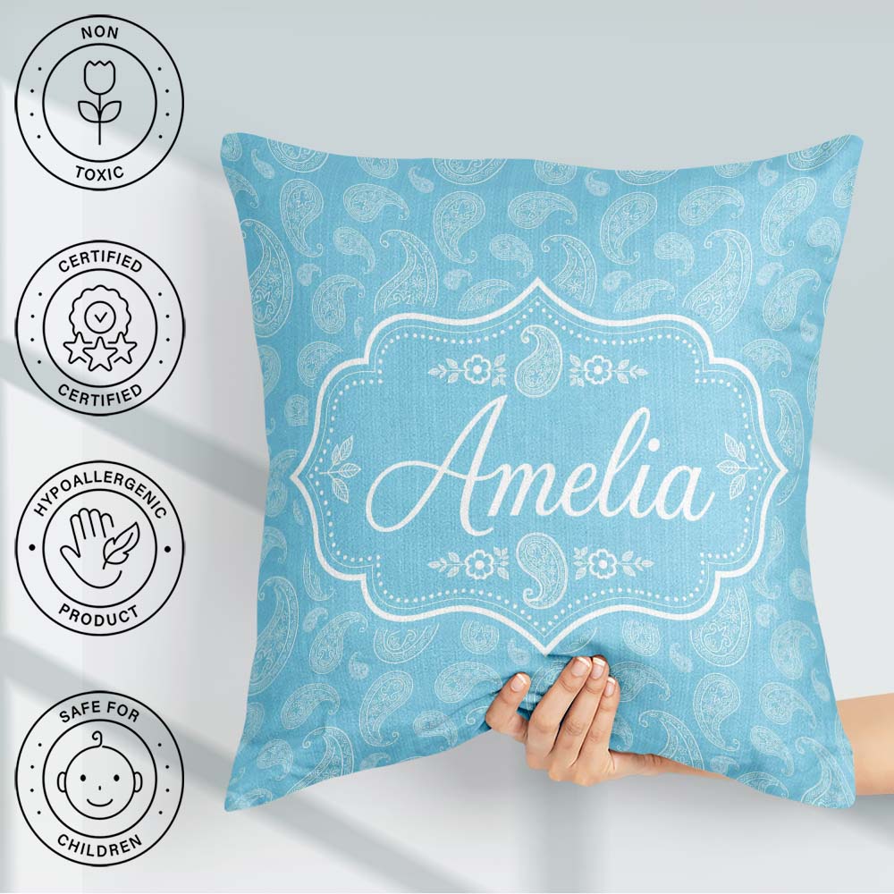 Custom Name Sky Blue Paisley Ornamental Floral Pattern Name Cute Square Filled Cushion Throw Pillow Sofa Bed Home Decor Zip Washable UK Made