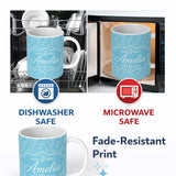 Personalized Custom Name Sky Blue Paisley Ornamental Floral Seamless Pattern Name Cute 11oz Ceramic Coffee Tea Mug White Large Handle