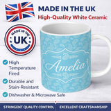 Personalized Custom Name Sky Blue Paisley Ornamental Floral Seamless Pattern Name Cute 11oz Ceramic Coffee Tea Mug White Large Handle