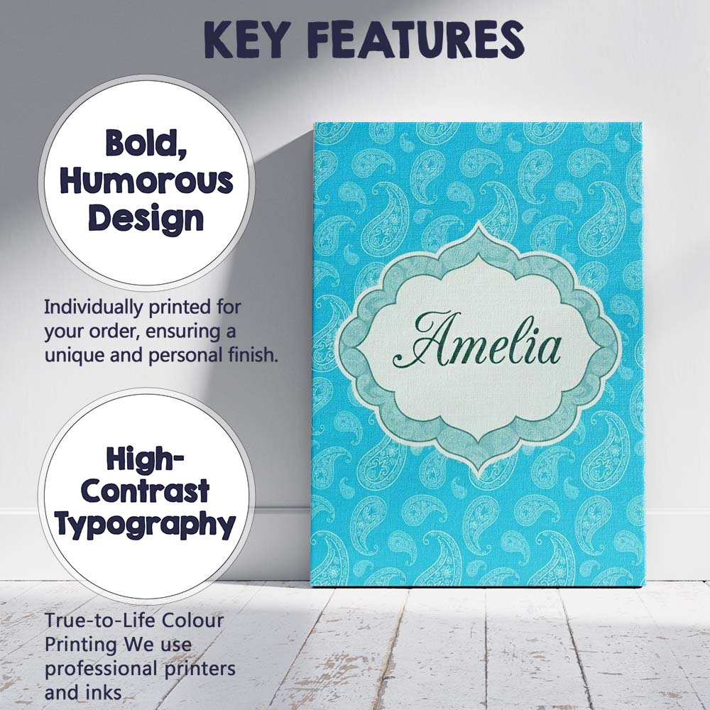 Personalised Name Bright Cyan Paisley Custom Modern Room Accent Creative Decorator Style Canvas Wall Art Print Decor Picture Ready to Hang