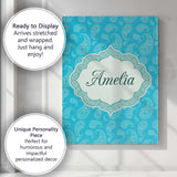 Personalised Name Bright Cyan Paisley Custom Modern Room Accent Creative Decorator Style Canvas Wall Art Print Decor Picture Ready to Hang